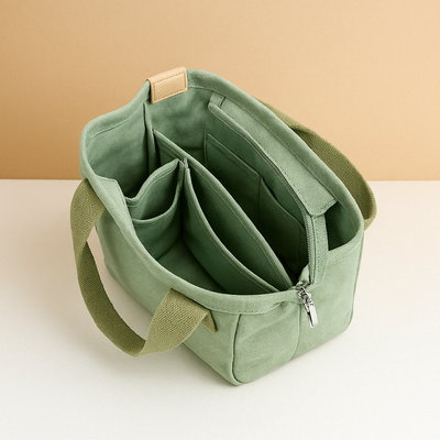 Canvas shoulder bag with multiple compartments for women.