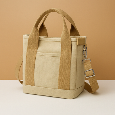 Canvas shoulder bag with multiple compartments for women.