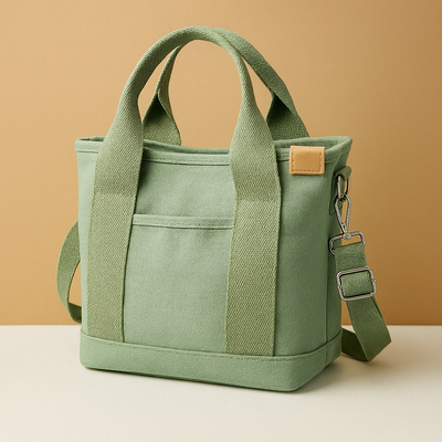 Canvas shoulder bag with multiple compartments for women.